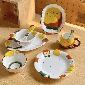 Internet Celebrity Tableware High Temperature Underglaze Color Ins Style Creative Cute Ceramic Dishes suit Ins High Color Value Rice Bowl Soup Bowl