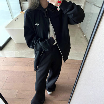 Autumn and Winter Casual Sweatshirt Sports Suit Women's Fashion Hong Kong Style Slimming and Age-Reducing Wide-Leg Pants Hooded Running Two-Piece Trendy Set