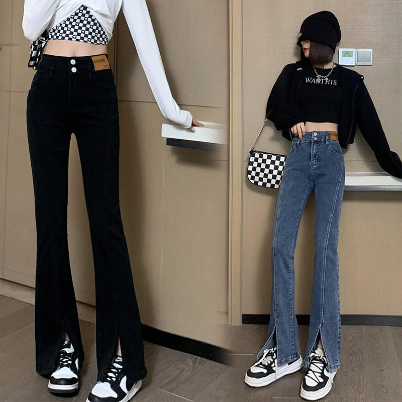High Waisted Flared Jeans for Women Slim Fit Split Hem Versatile Style Autumn Winter Fashion Wholesale Available