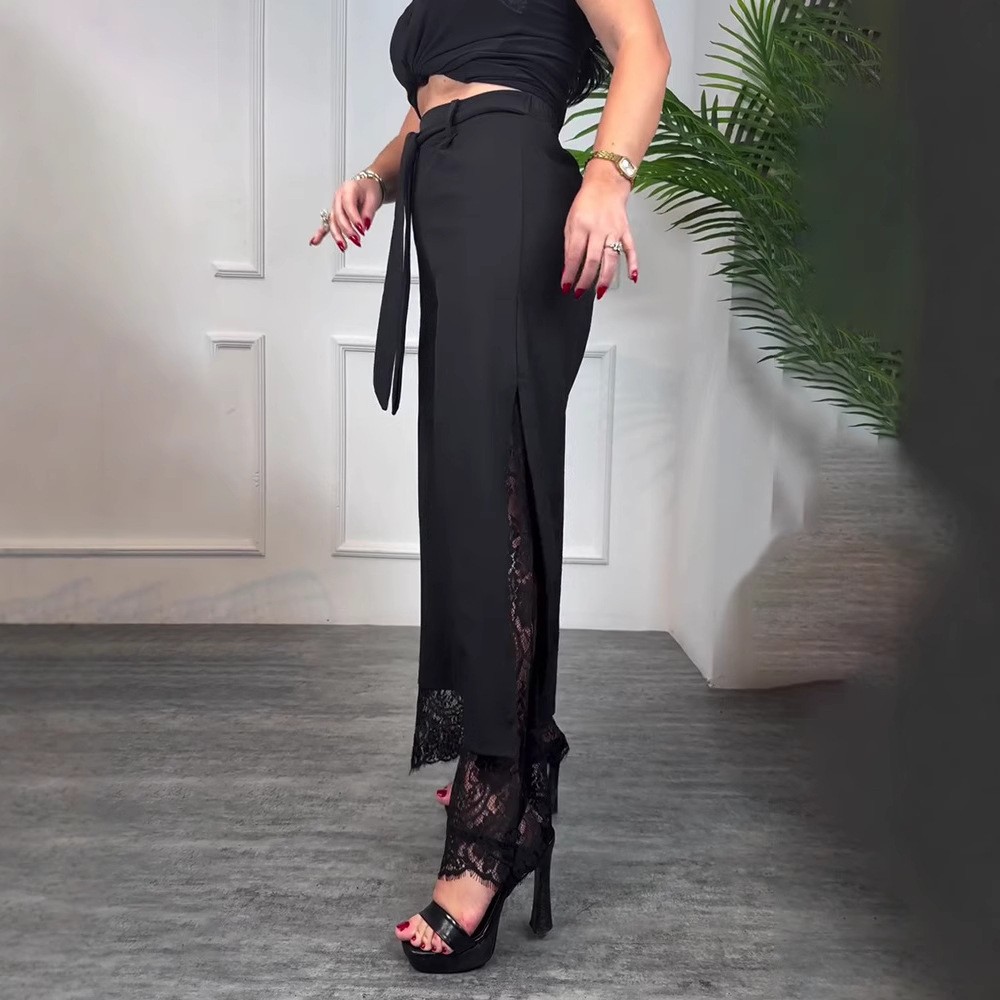 Lace Panel Casual Long Pants for Women Solid Color Adjustable Tie Comfortable Fit Spring Fashion Wholesale Available