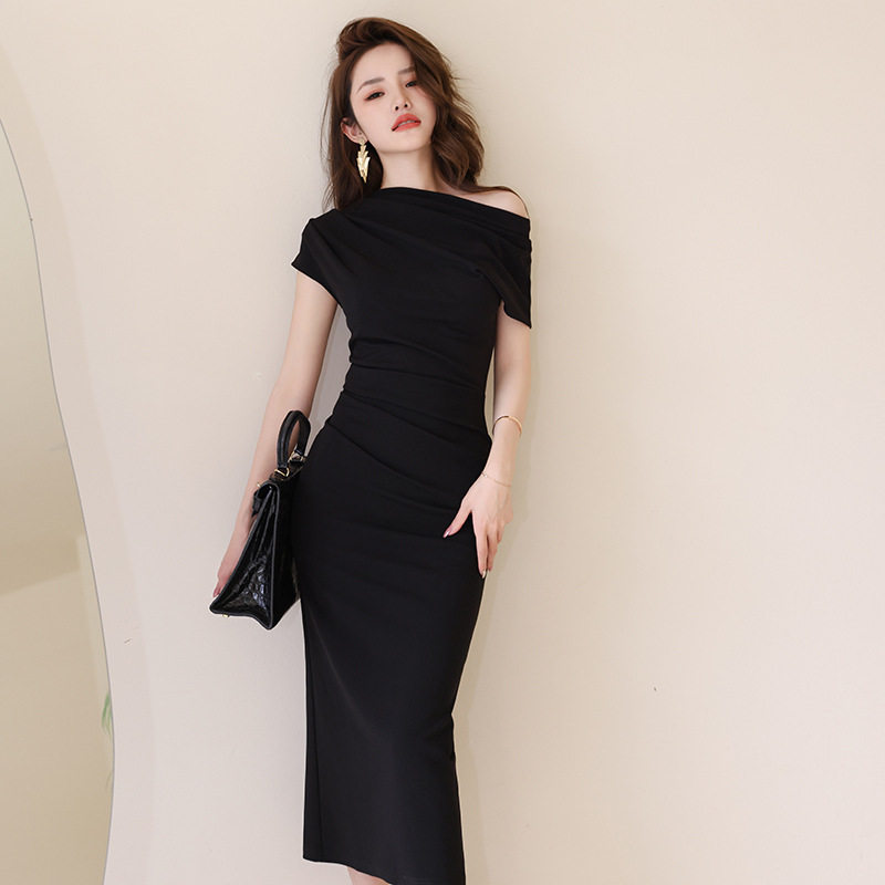 Đầm ôm body nữ dáng dài tay ngắn, cổ chéo, thiết kế eo ôm, phong cách Pháp — [Đen], [Xanh bạc hà], [Màu mơ], [Đỏ rượu vang]