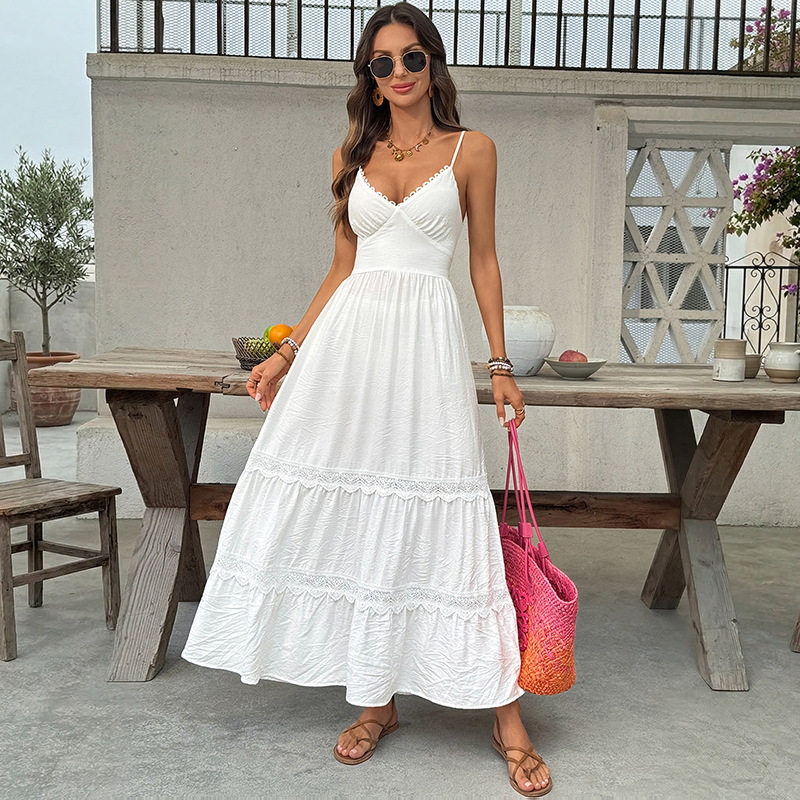 White Lace Trim Maxi Dress Simple Elegant Vacation Style Perfect for Summer Events OEM Available