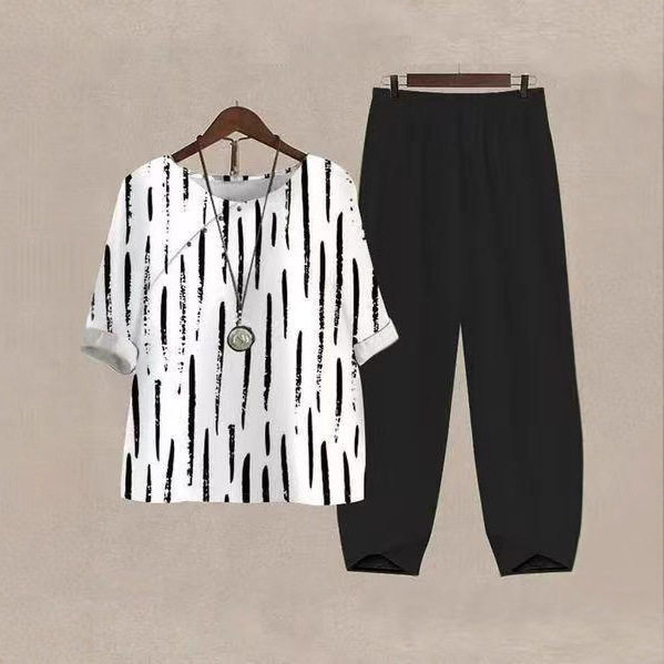 Womens Summer Two Piece Set Printed Round Neck Loose Fit Short Sleeve Top Wide Leg Pants Casual Wear Wholesale