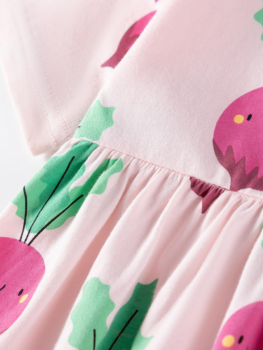 Girls' Summer Cotton Short-Sleeve Dress, Cute Radish Print Kids' Dress