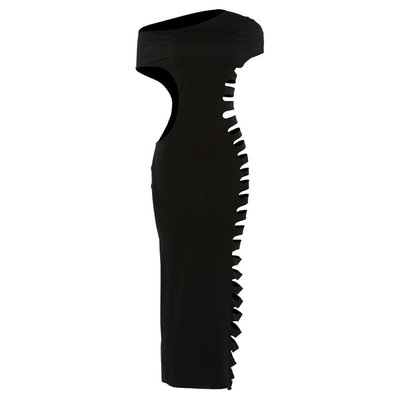 Sleeveless Bodycon Dress Fashionable Solid Color Hollow Out Design Asymmetrical Shoulder Spring Summer Casual Wear