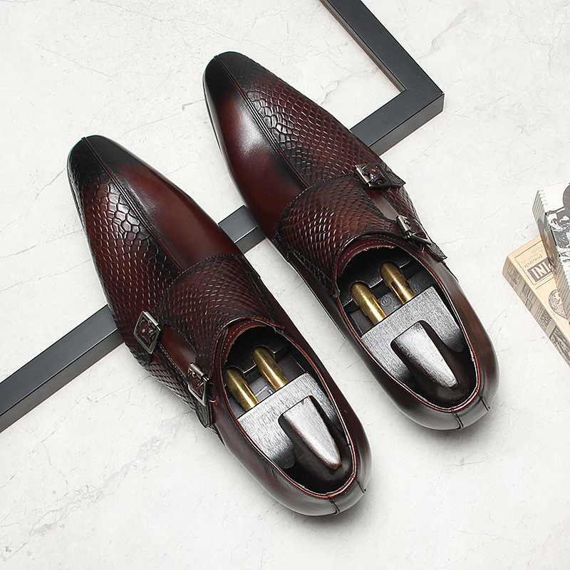 Giày da nam monk strap khóa đôi mũi nhọn da bò thật — màu đen, Màu đỏ rượu