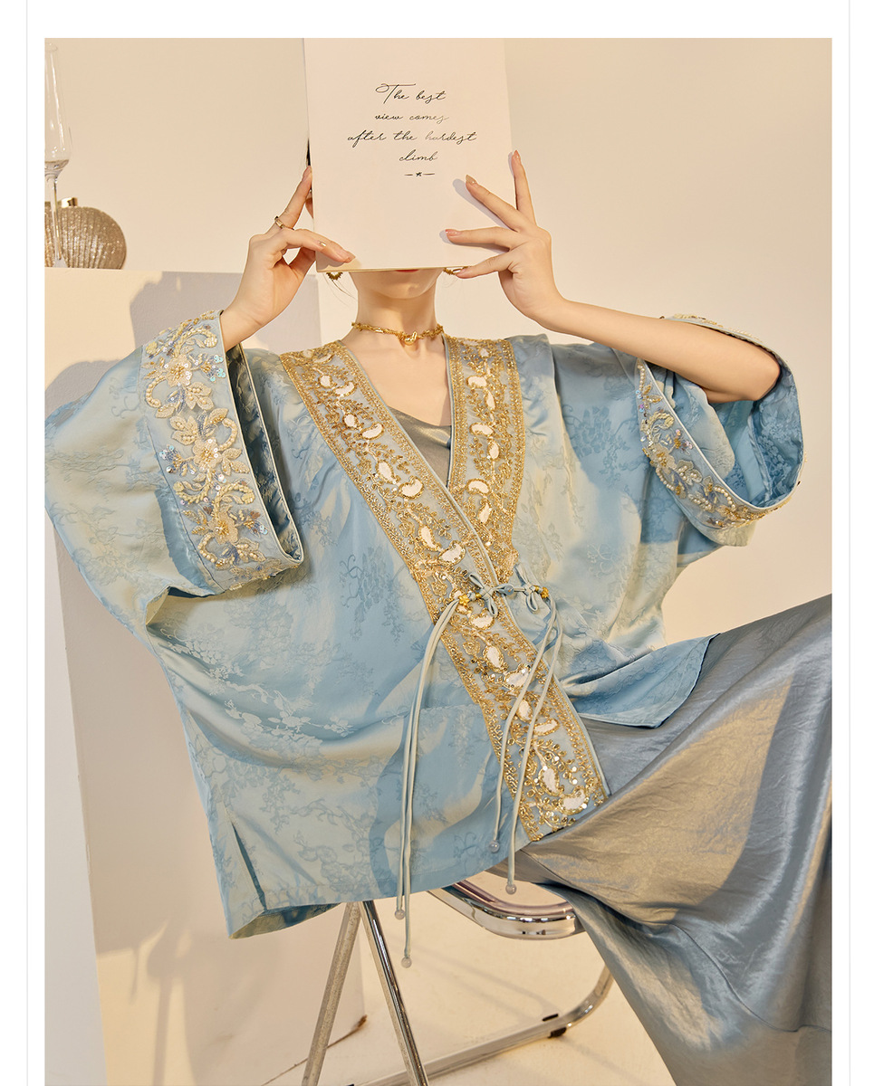Áo khoác nữ thêu đính cườm dáng rộng cổ chữ V phong cách cổ điển — Jiyue Blue (Giao hàng trong ngày), Xanh Jiyue (giao hàng trong 7 ngày)