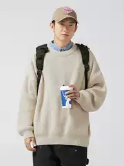 Heavyweight Coarse-Knit Ribbed Texture Sweater for Men, Basic Solid Color Loose Round-Neck Knitwear for Autumn and Winter