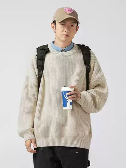 Heavyweight Coarse-Knit Ribbed Texture Sweater for Men, Basic Solid Color Loose Round-Neck Knitwear for Autumn and Winter