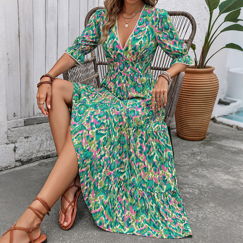 Abstract Print V Neck Midi Cake Dress Ethnic Style Short Sleeve Vacation Ready Wholesale Available