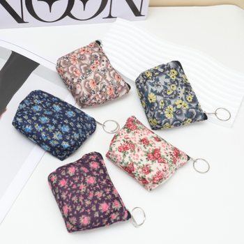 Mini Flap Pocket Pants Wallet Small Fresh Floral Fabric Card Holder Coin Purse Coin Bag Data Cable Lipstick Cosmetics Bag
