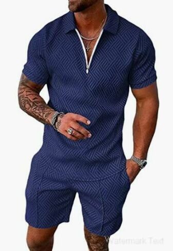 2022跨境欧美男装新款独立站货源休闲撞色POLO拉链翻领衫短袖套装