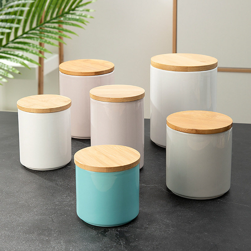 Ceramic Sealed Jar Combination Porcelain Lid Wooden Lid Kitchen Coffee Coarse Grain Biscuit Snack Storage Jar Spice Jar Wholesale