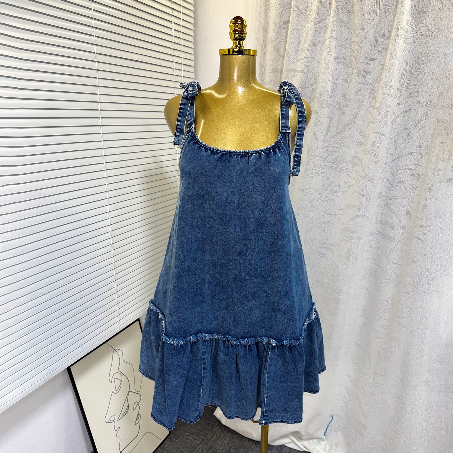 Fashionable A Line Denim Dress Summer Sleeveless Color Block Design Adjustable Straps Casual Wear Wholesale