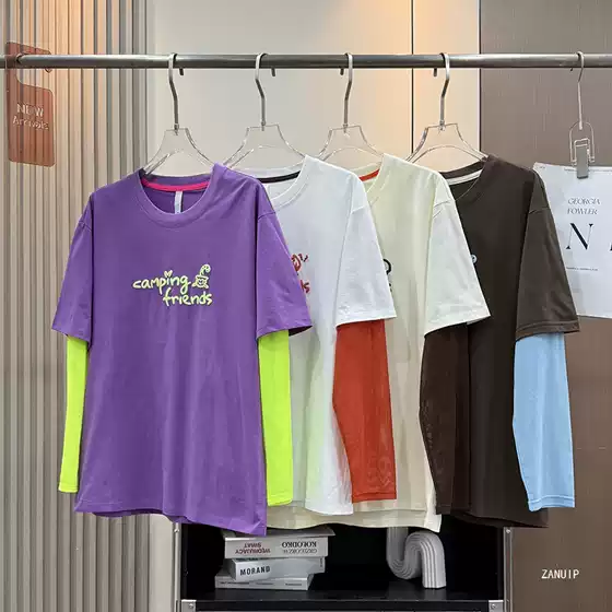 Factory Orders! Spring/Summer Color-Blocked Faux Two-Piece Mesh Patchwork Outdoor Mountain-Style Foam Letter Print Long-Sleeve T-Shirt