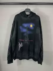 Correct Version High-Quality 25Ss New Model Iron Tower Inkjet Hand-Painted Washed Vintage Distressed Hooded Sweatshirt