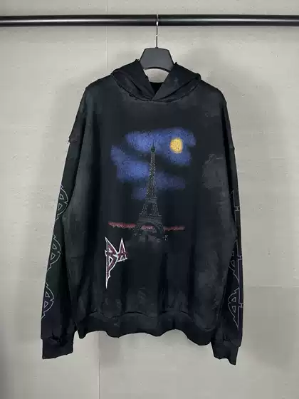 Correct Version High-Quality 25Ss New Model Iron Tower Inkjet Hand-Painted Washed Vintage Distressed Hooded Sweatshirt