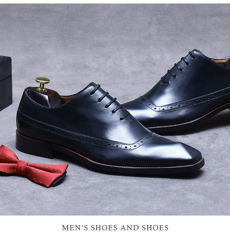 Giày Oxford nam da bò thật buộc dây mũi nhọn chạm khắc — Màu nâu vàng, Màu đen, Màu xám