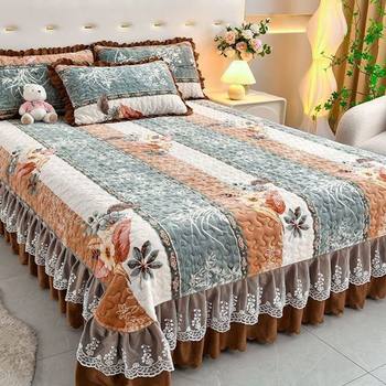 New Milk Velvet Double-Layer Lace Bed Cover Three-Piece Set Quilted Thickeneded Anti-Slip Bed Cover Coral Velvet Tatami Winter