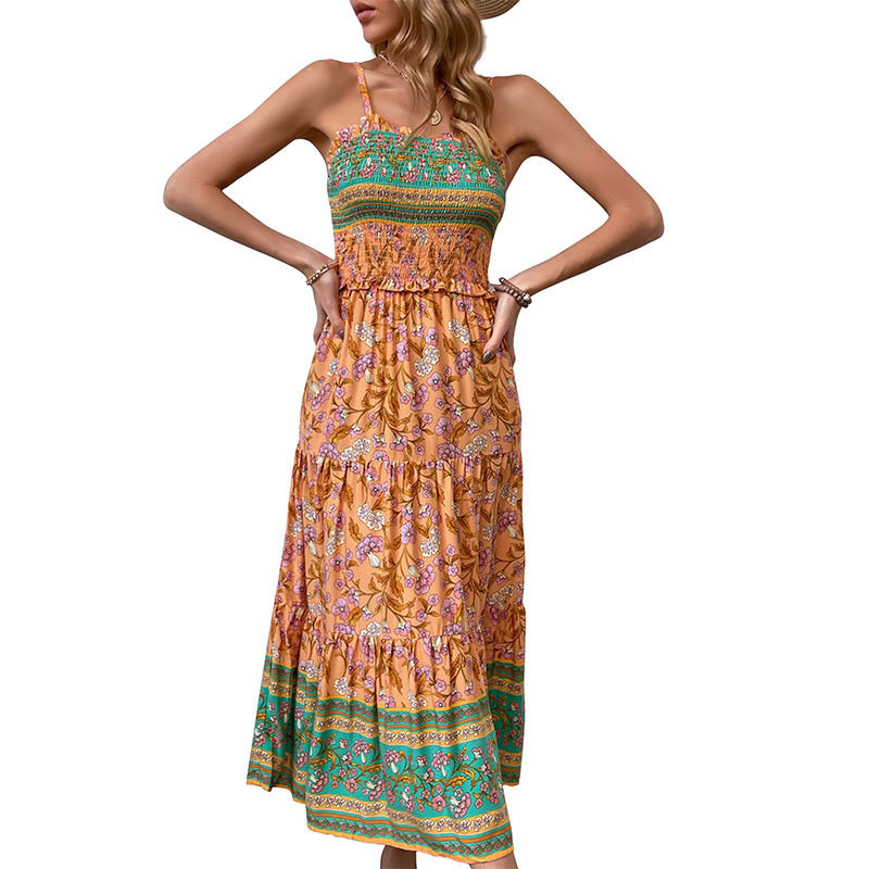 Bohemian Floral Print Ruffle Hem Maxi Dress Summer Style Lightweight Fabric Elegant Draping Wholesale Available