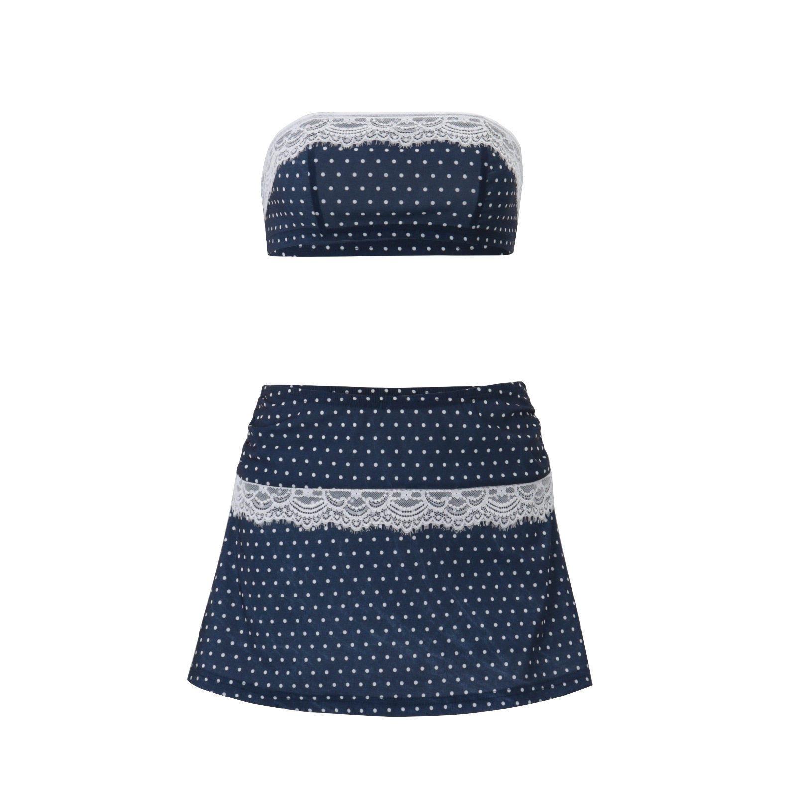 Womens Summer Set Elegant Polka Dot Design Lace Trim Strapless Top A Line Skirt Perfect for Vacation Wholesale