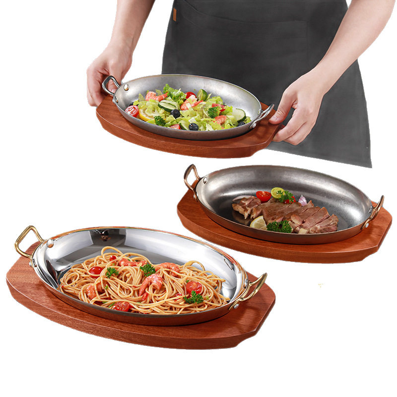 Three-Layer Stainless Steel Egg-Shaped Frying Pan, Thickeneded Fish Stove Plate, Double-Eared Seafood Plate, Crayfish Plate, Western-Style Baked Rice Steak Plate