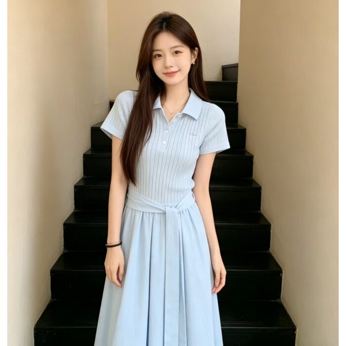 法式蓝色polo领连衣裙子女夏季2026新款小个子巨好看气质收腰长裙