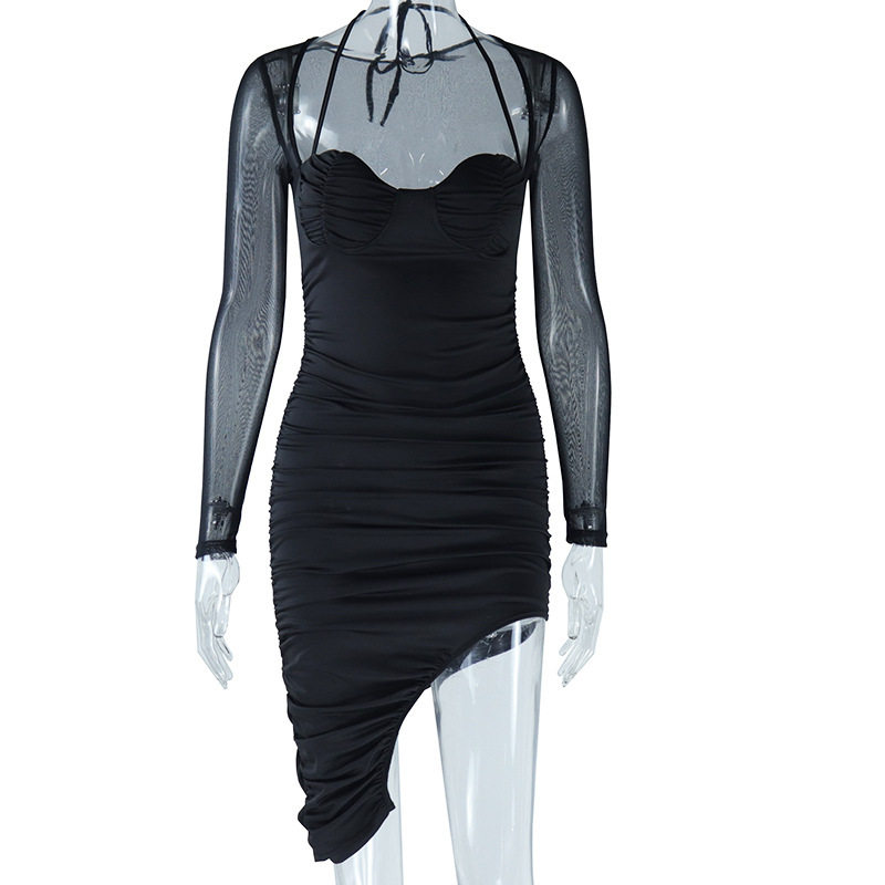 Long Sleeve Wrap Dress Solid Color Mesh Splicing Ruffled Design Sexy Bodycon Mini for Parties OEM Available