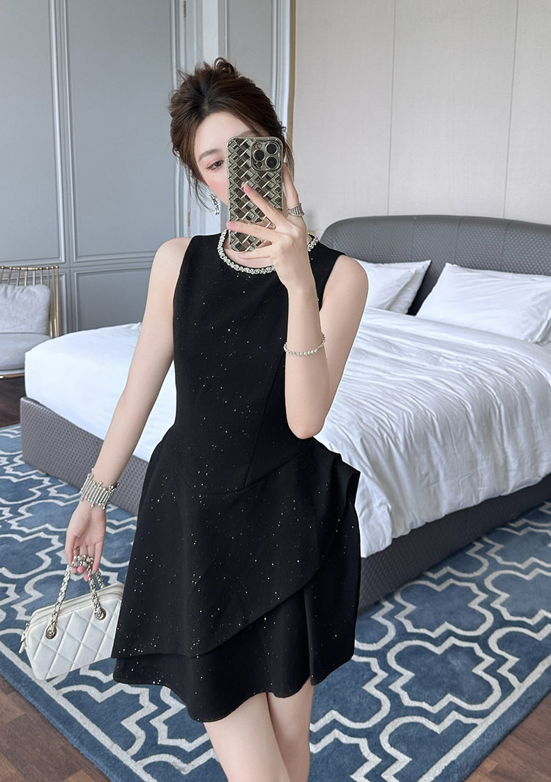 Đầm suông nữ midi cổ tròn không tay, eo cao, chữ A, phong cách Pháp — [Đen] chi tiết 5