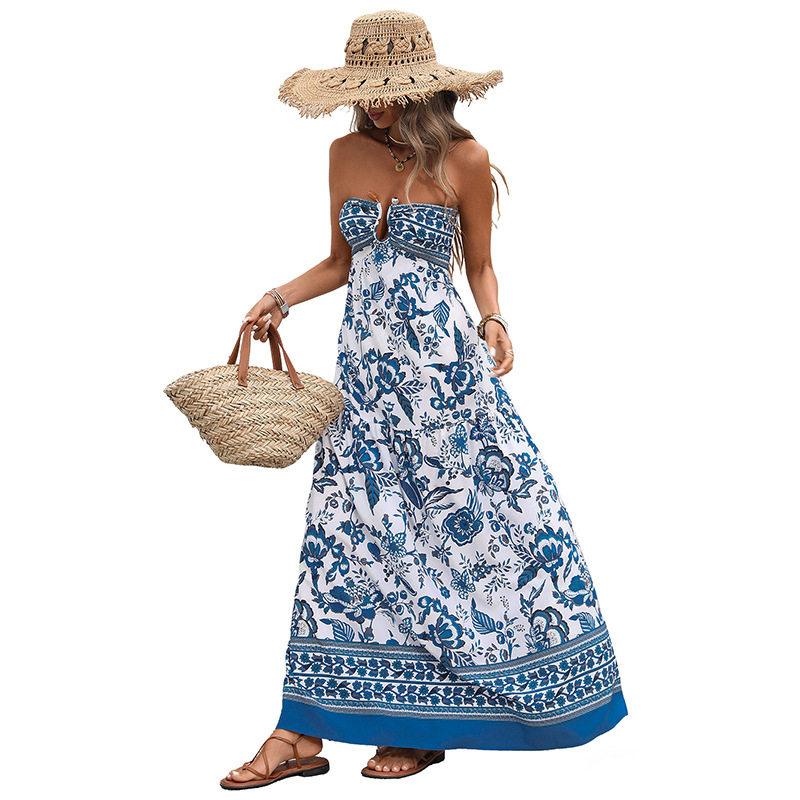 Bohemian Strapless Geometric Print Dress Vintage Style Sleeveless Lightweight Fabric Perfect for Summer Vacations