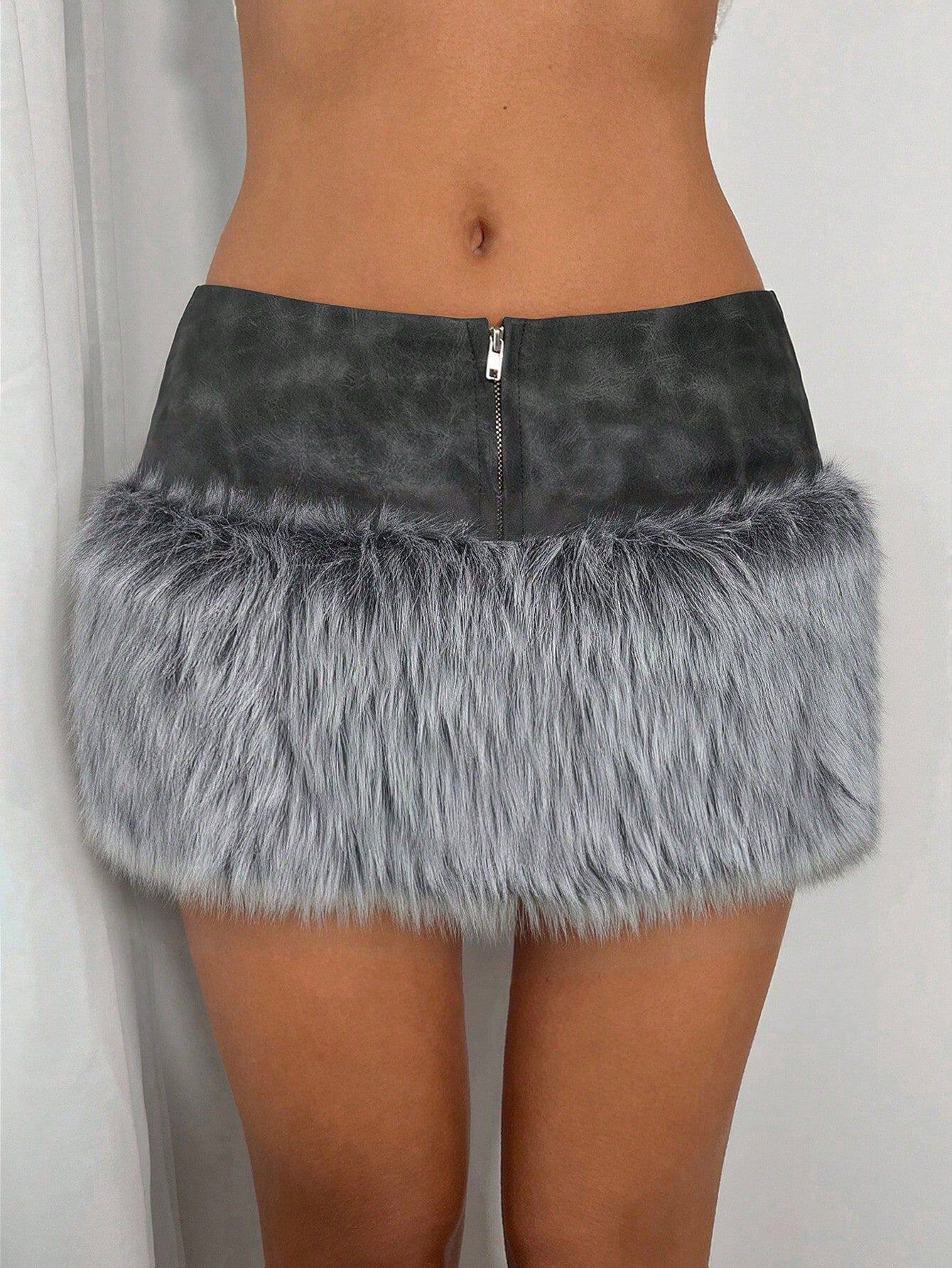 Bodycon Mini Skirt Faux Fur Patchwork Low Waist Sexy Fit Night Out Party Wear Ready to Ship