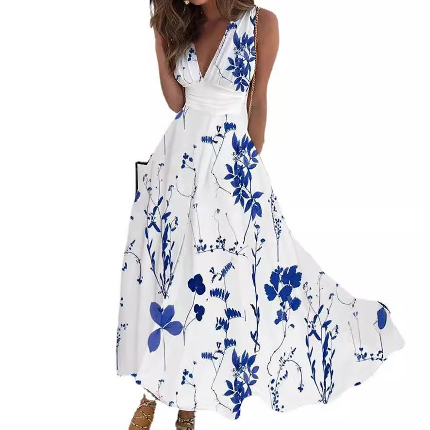 2023亚马逊欧美跨境女装夏季新款V领高腰无袖印花性感背心连衣裙