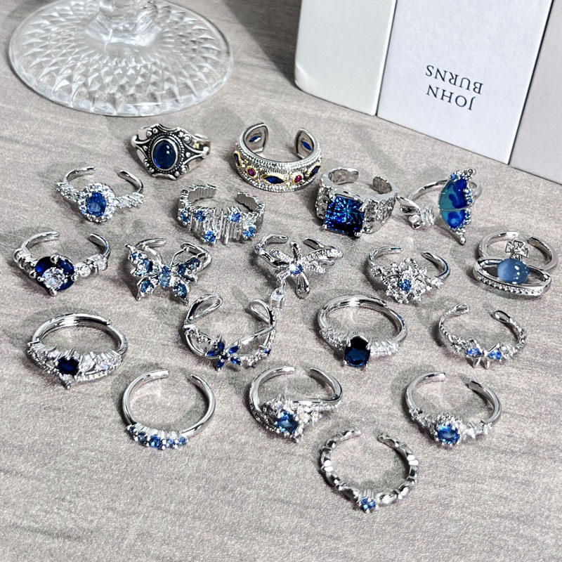 Light Luxury Niche Retro Sapphire Blue Zircon Open Ring for Women, Minimalist Style, Unique High-End Feel, Simple and Fashionable Index Finger Ring