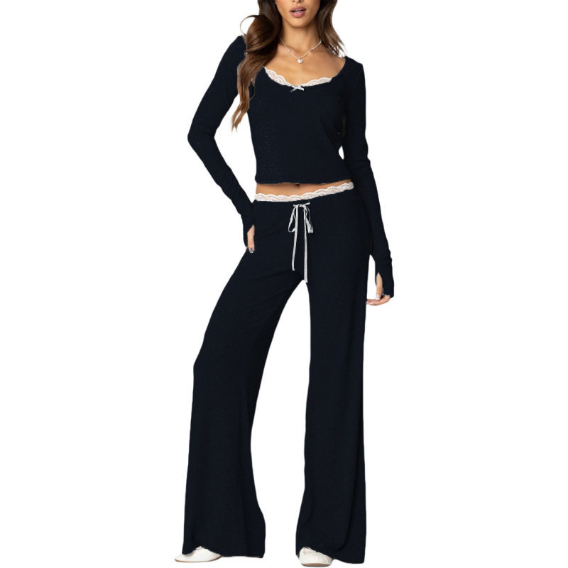 Amazon's Popular Lace Splicing Home Two-Piece Slim Square Neck Knitted Short Set Women's Multi-Color Casual Suit