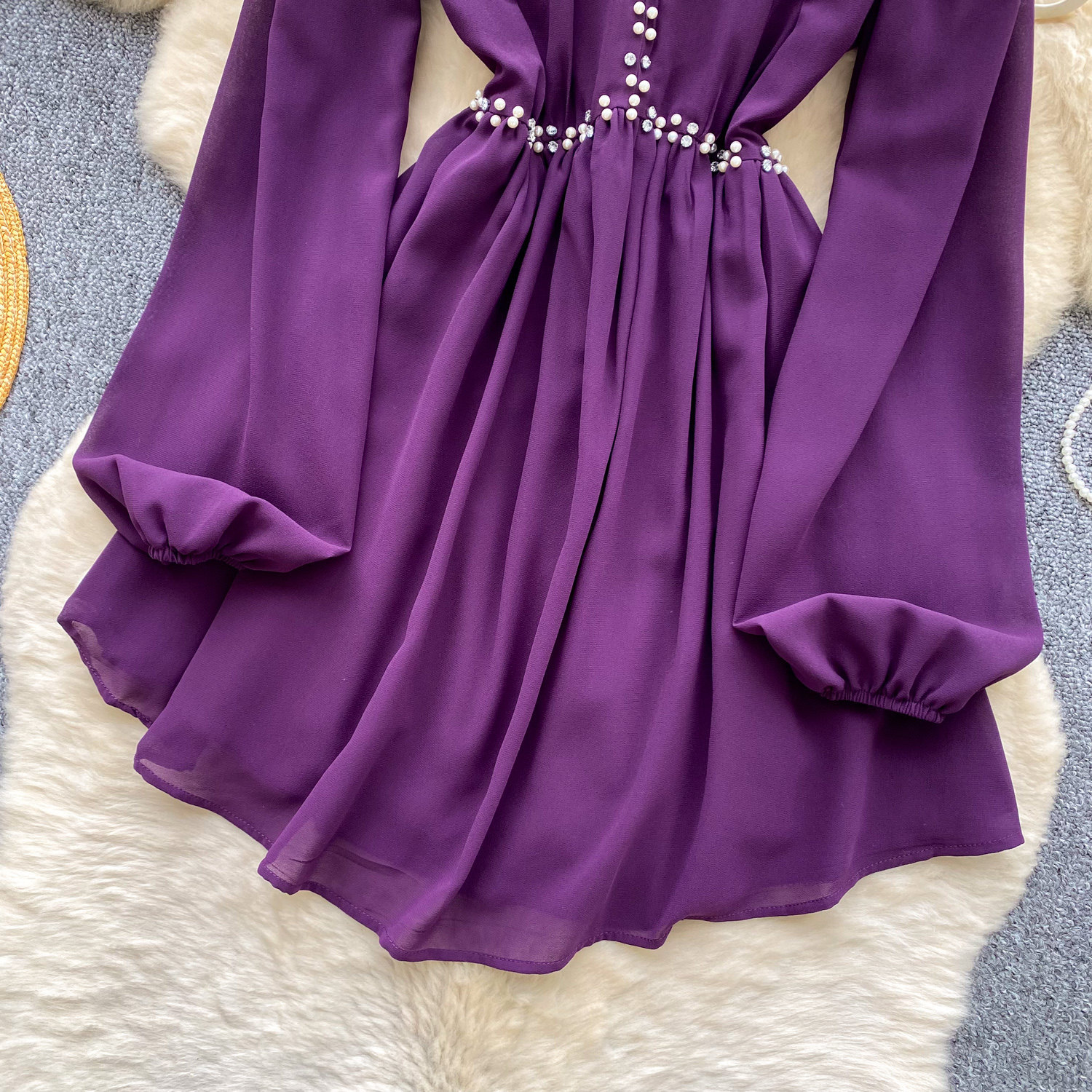 Korean Style Beaded Sexy Dress Purple V Neck Slim Fit Long Length Summer Casual Wear Wholesale Available
