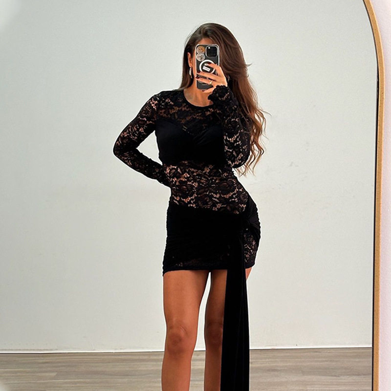 Long Sleeve Lace Panel Bodycon Dress Sexy Fit Elegant Design Autumn Fashion Wholesale Available