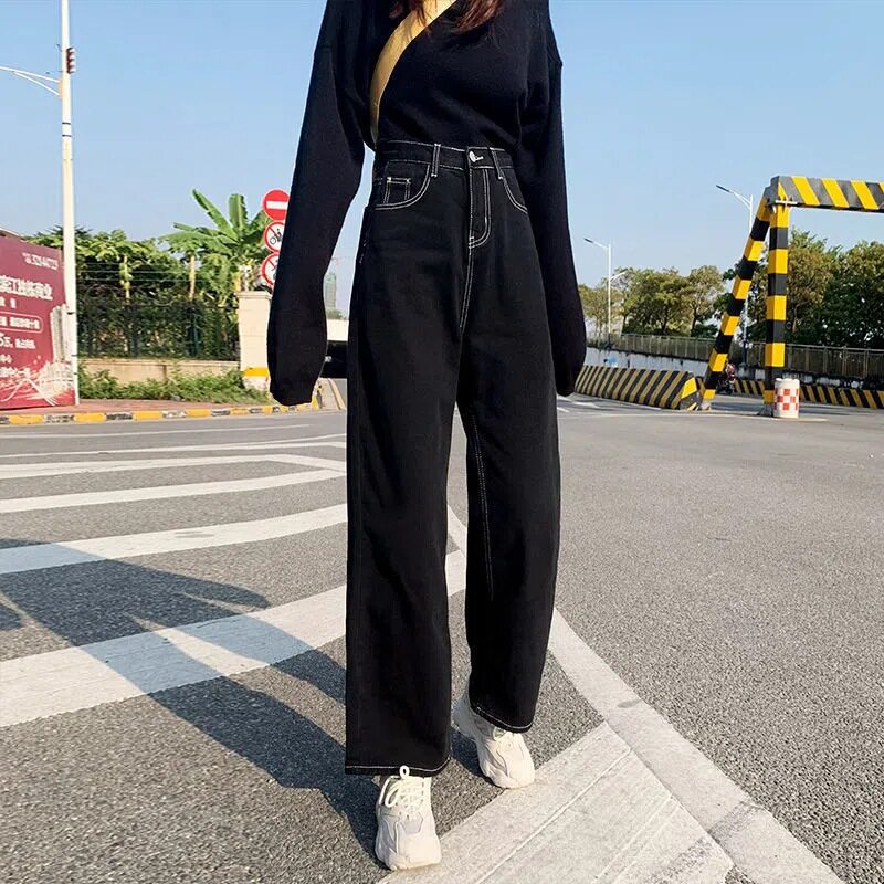 Black High Waisted Wide Leg Jeans for Women Loose Fit Slimming Versatile Casual Wear for Students Wholesale