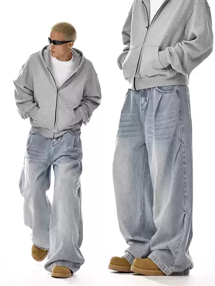 American Vintage Washed Cleanfit Men's Jeans High Street Straight Leg Versatile Loose Fit Casual Wide Leg Trousers