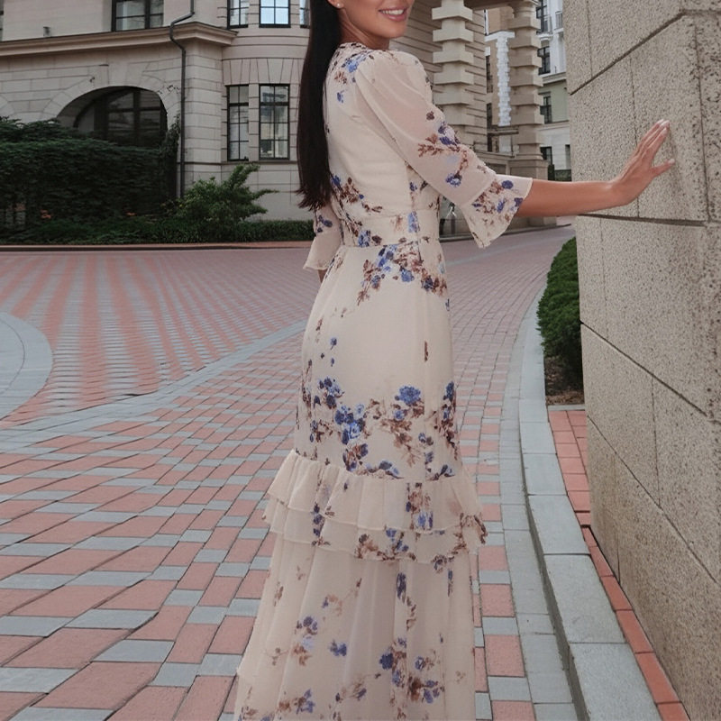 Womens Vintage Floral Print Puff Sleeve Split Dress Spring Collection Stylish Design Elegant Fit Wholesale Available