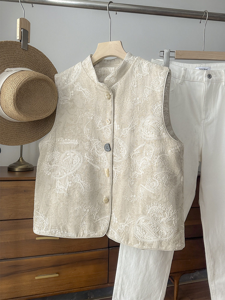 New Chinese-Style Heavy Embroidery National Style Vest Layered Tank Top Linen Sleeveless Jacket Top for Women 2026