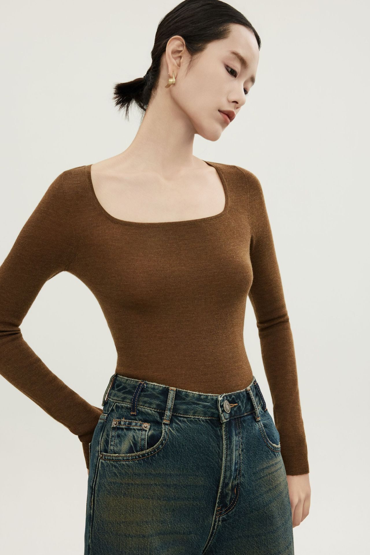 100%美丽诺羊毛方领针织衫修身显瘦薄款长袖上衣气质通勤打底衫女