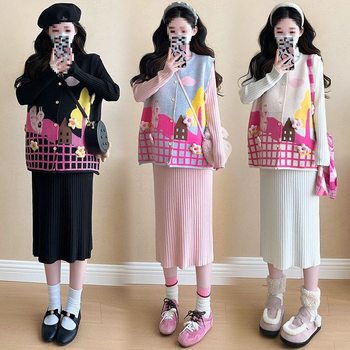 Fashionable Maternity Wear, Autumn and Winter Sweater Suit, Sweet Age-Reducing Thickeneded Vest Two-Piece Set, Slimming Look Knitted Dress