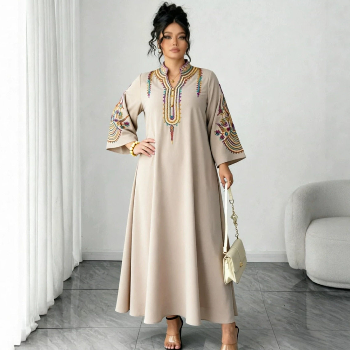 Bohemian Embroidered Maxi Dress Loose Fit Plus Size Rope Embroidery Casual Wear for Women Wholesale Available