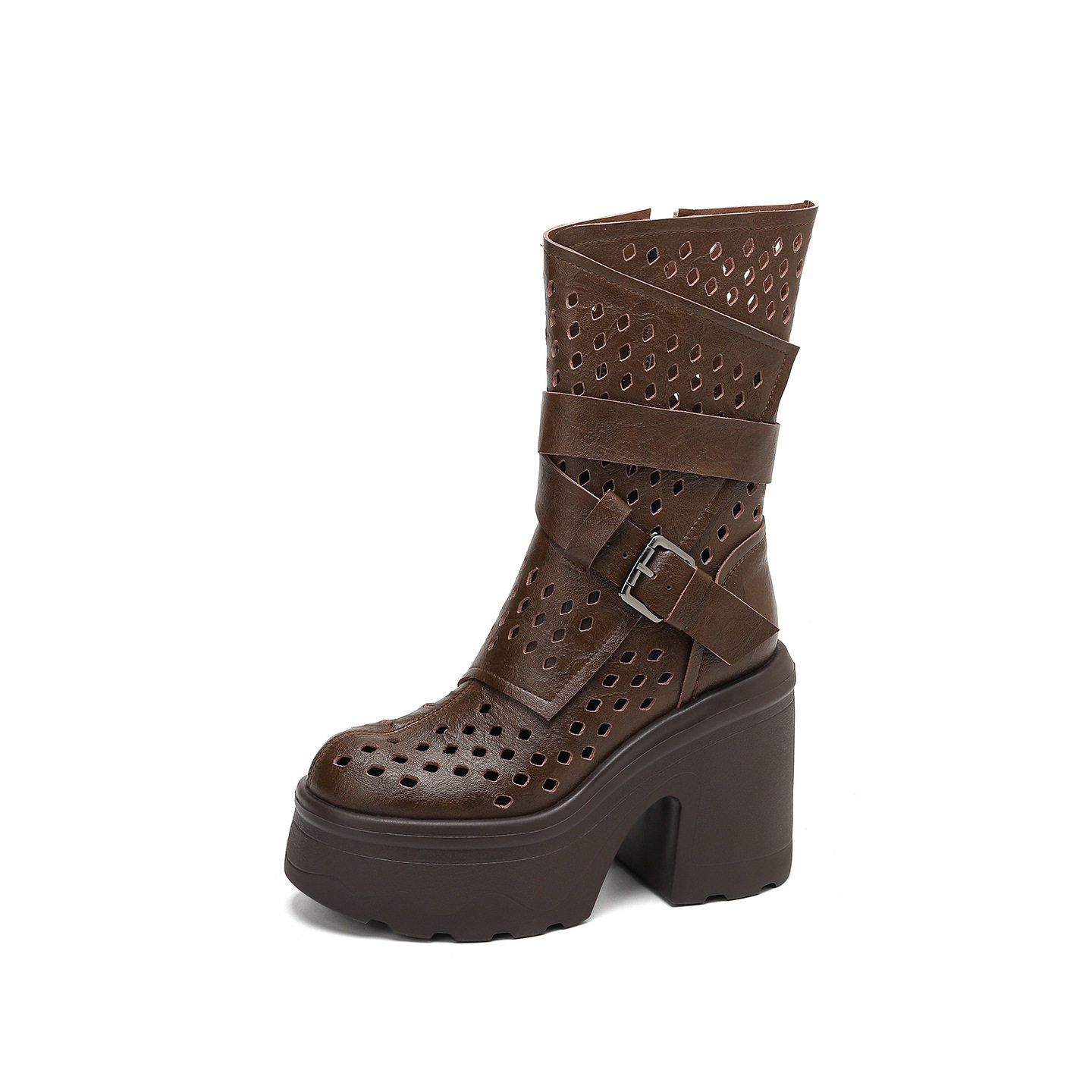 Boot cổ thun nữ da bò họa tiết đục lỗ thoáng mát, gót cao 8 cm — [Nâu], [Đen]