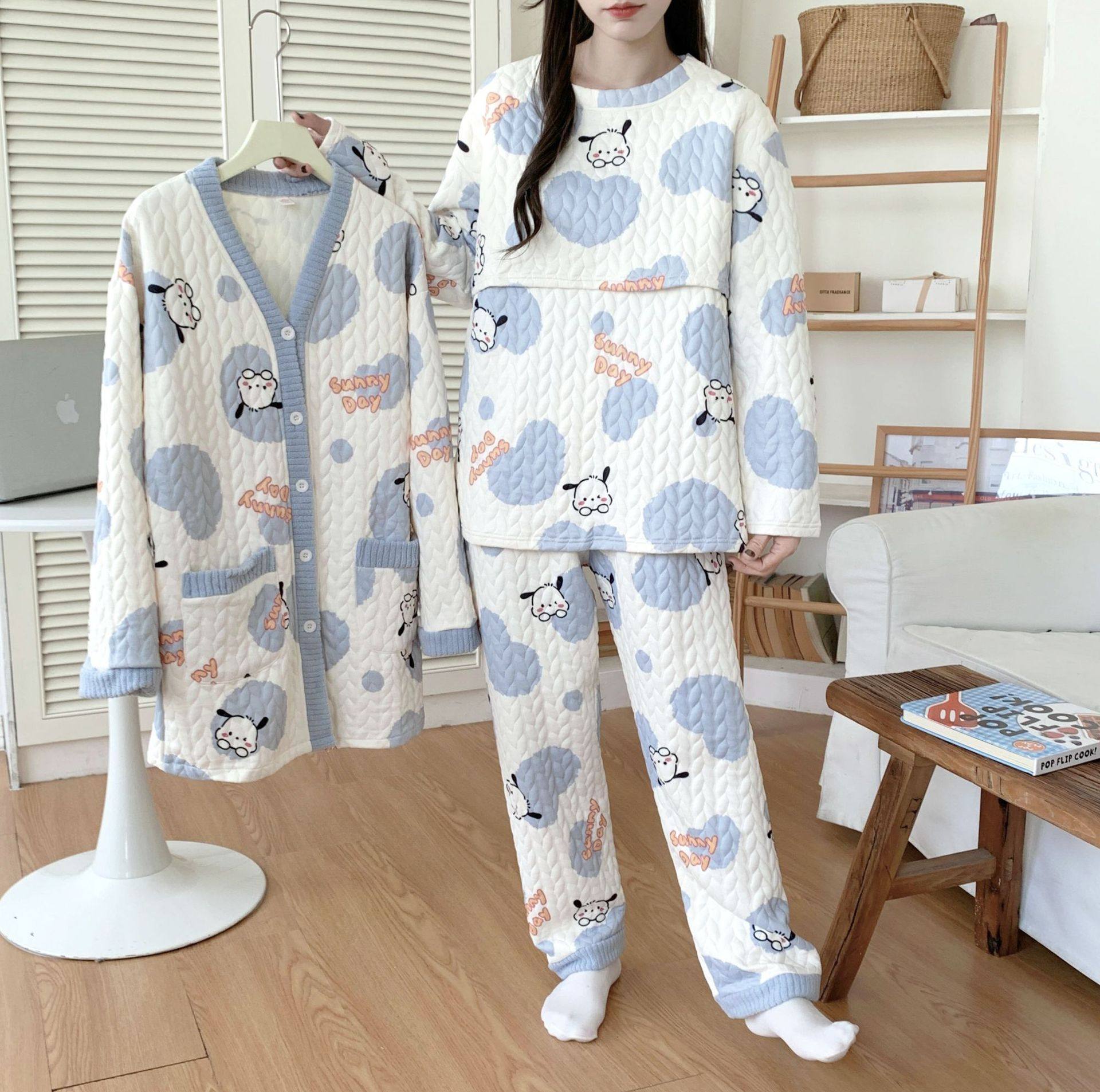 Postpartum Clothing November 12 Autumn and Winter Postpartum Breastfeeding Three-Piece Set Air Cotton Maternity Pajamas Winter Lactation Period