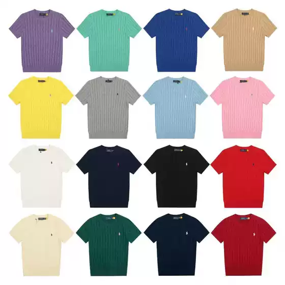 Foreign Trade Summer Rl Raff War Horse Embroider Small Label Twist Knitted Round Neck Short Sleeve Ins Preppy Style Casual Upper