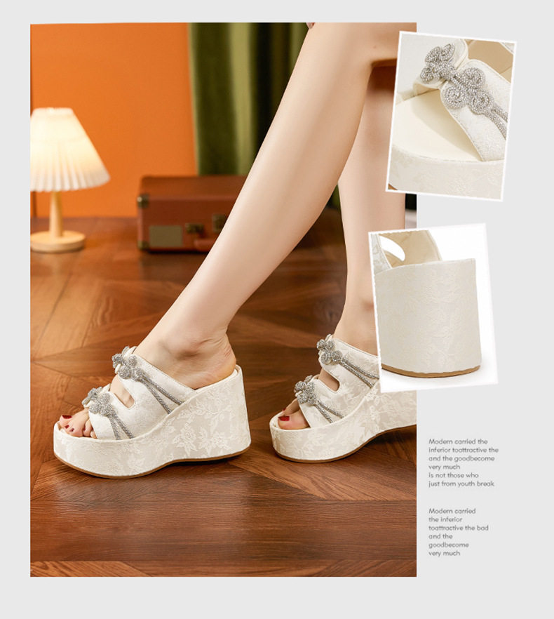 Sandal nữ quai chữ V đế TPU mềm mại, phong cách Trung Hoa thêu hoa — Len tinh khiết, Xanh lá, Đen chi tiết 2