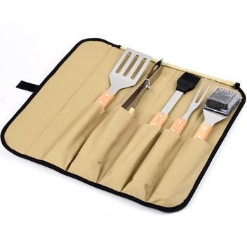 BBQ 5-piece wooden handle baking set household outdoor portable cloth bag barbecue tools cross-border supply factory wholesale