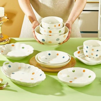Underglaze Color Ins Cream Style Colorful Polka Dot Ceramic Tableware Household Rice Bowl Dish Plate Popular Double-Eared Soup Bowl