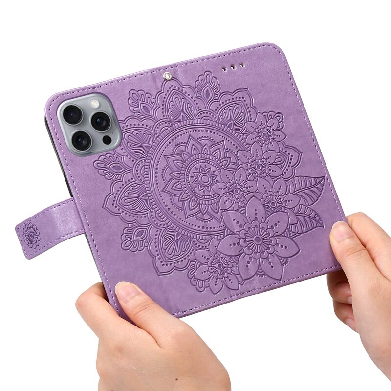 Suitable for iPhone 17 Embossed Seven-Petal Flower Phone Case, Apple 16/15 Card Holder Stand, S25 Google Protective Case